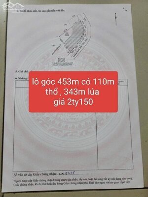 Bán đất đường Phước Toàn , Long Hiệp dt 453m2 ( 110m2 thổ + 343m2 đất lúa) giá 2,15 tỷ