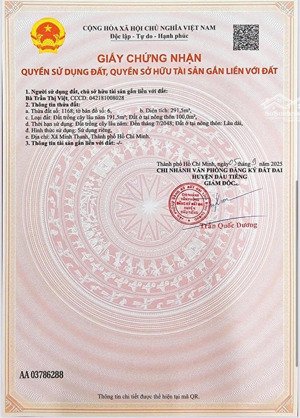 diện tích: 289,5m2 * đất ở nông thôn: có 100m2 thổ cư. đất trồng cây lâu năm