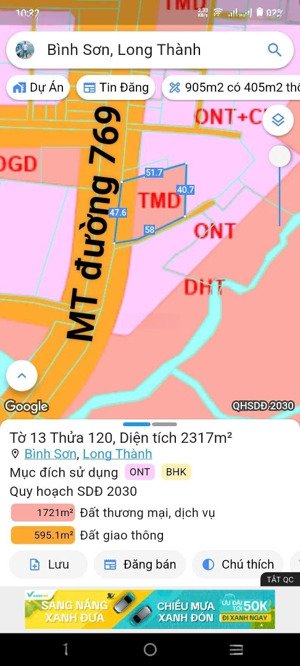 cần bán vài lô đất mt đường dt 769 xã bình sơn qh cửa hàng xăng dầu, thổ cư, gần tđc sân bay giá rẻ