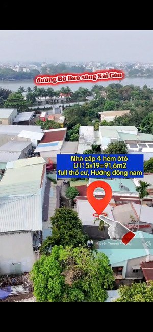 (5x19) 91,6m2 đất có sẵn nhà c4 full thổ cư 4 mặt tiền thông thoáng hẻm ô tô thông bờ bao sông sg