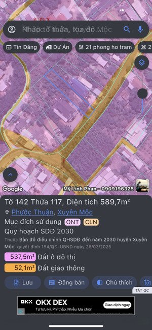 chính chủ bán mãnh đất 600m2 trung tâm xã hồ tràm tphcm