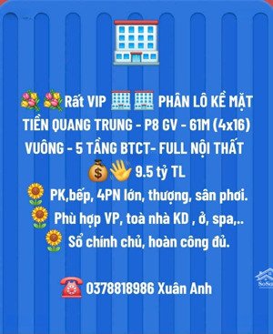 phân lô mặt tiền quang trung gv - 61m (4x16) vuông - 5 tầng btct- full nội thất 9.5 tỷ tl