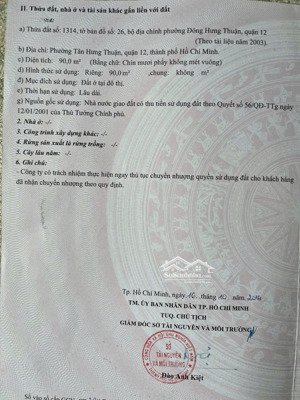 bán đất dt4,5x20 tại phường đông hưng thuận, q12, hcm giá 8,3 tỷ, diện tích 90m2