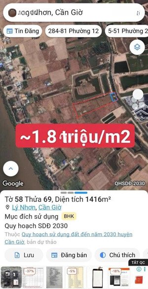 bán đất mặt tiền đường lý nhơn - cần giờ, 1,8 triệu / m2, cần giờ, hcm