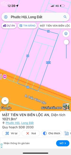 MẶT TIỀN ĐƯỜNG VEN BIỂN – GẦN BÃI TẮM LỘC AN Diện tích: 1.021m² (20m x 52m) Thổ cư: sẵn 614m²
