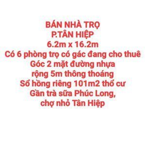 BÁN NHÀ TRỌ TÂN HIỆP, GÓC 2 MẶT ĐƯỜNG NHỰA 5m THÔNG THOÁNG, SỔ HỒNG RIÊNG 101m2 THỔ CƯ