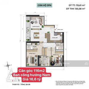 căn góc diện tích 116m2 ban công hướng nam, giá 16,6 tỷ, view thành phố, sun feliza cầu giấy