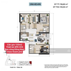 căn góc 4pn diện tích 120m2 ban công đông nam, giá 20 tỷ, view thành phố, sun feliza cầu giấy