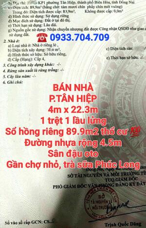 BÁN NHÀ TÂN HIỆP KP1, 1 TRỆT 1LẦU LỬNG, SỔ HỒNG THỔ CƯ, ĐƯỜNG NHỰA RỘNG 4.5m, SÂN OTO (NP1205)