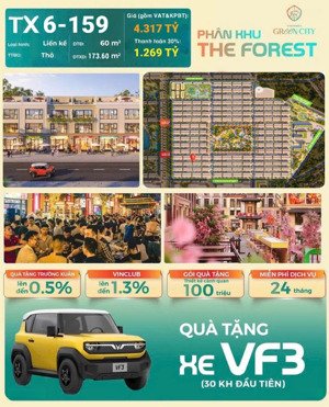 hàng hiếm! nhà phố 60 m2 - tx6-159, vinhomes green city: 3,96 tỷ, 4pn, tặng vf3, ck 25%, htls 24 th