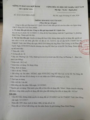 công ty đấu giá hợp danh số 1 quốc gia thông báo bán đấu giá tài sản