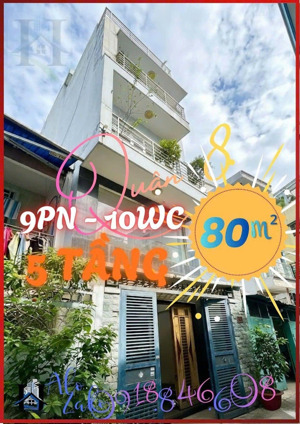 nhà nở hậu 80m2, quận 8, 5 tầng, nhỉnh 8 tỷ, 9pn, 10wc, bình đông
