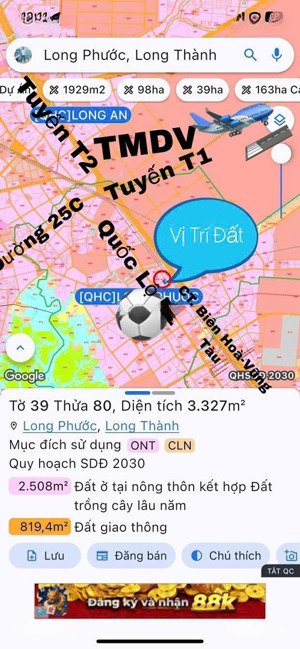 hót! [3327m2] có 300m2 thổ cư. mặt trước sân bay, kcn bàu cạn, ql51, vị trí đẹp, giá đầu tư nhất