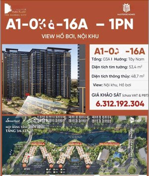 bán căn 1pn the global city giá tốt nhất thị trường, tháp a1 53m2 thanh toán đến 2028 giá 6,313 tỷ