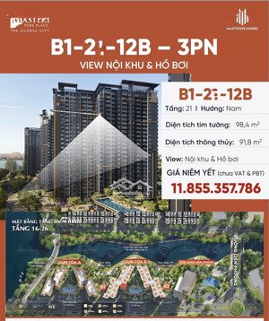 bán căn 3pn góc the global city giá tốt nhất thị trường, 98.4m2 thanh toán đến 2028 giá 11,86 tỷ
