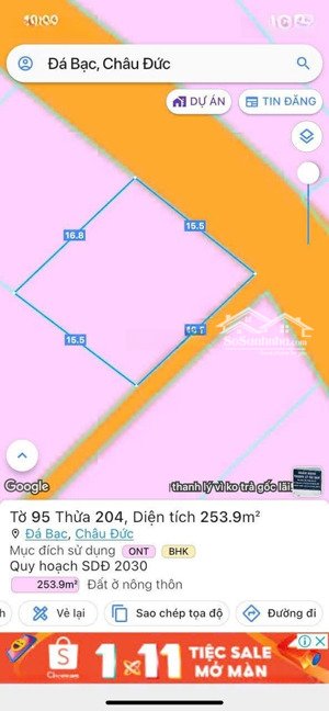 bán đất 253.9m2, 1,3 tỷ tại xã đá bạc, châu đức, giáp với xã long phước bà rịa vũng tàu