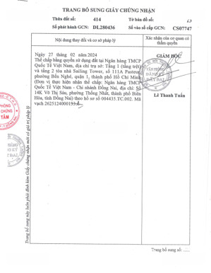 qsdđ thửa đất số: 414, tờ bản đồ số: 13, địa chỉ: xã thanh bình, huyện trảng bom, tỉnh đồng nai