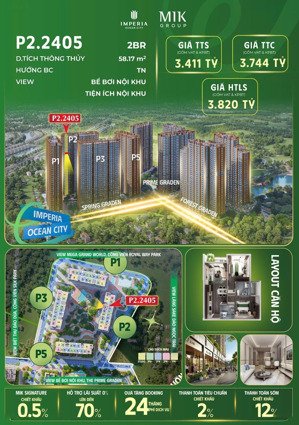 bán 2pn 58m2 đẹp giá chỉ từ 3,411 tỷ (giá thanh toán sớm 58tr/m2) tại the parkland - imperia ocp2