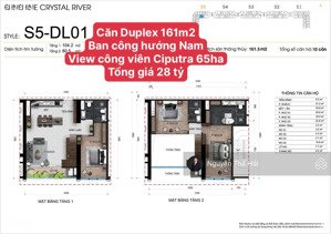 căn duplex dl01 diện tích 161m2, ban công hướng nam, view công viên ciputra, toà noble crystal