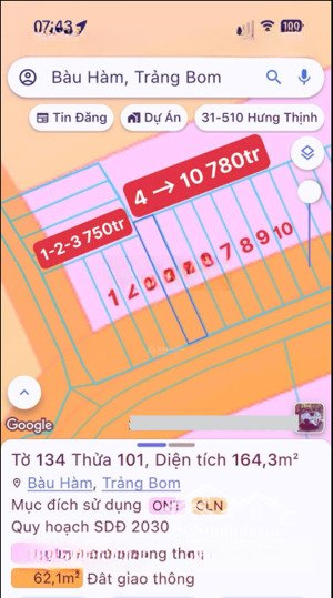 đất bàu hàm trảng bom, giá từ 750tr đến 780tr 1 lô