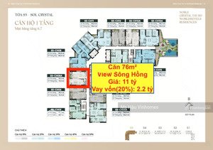 căn 76m2 tầng 6 view sông hồng siêu đẹp giá 11 tỷ noble crystal tây hồ, vay chỉ cần 2,2 tỷ ký hđmb