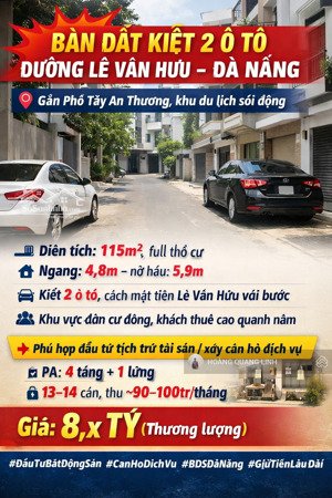 bán đất 115m2 - kiệt 2 ô tô lê văn hưu - gần phố tây an thượng - cách bãi tắm mỹ khê 800m giá 8,7tỷ