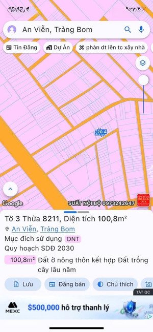đất nền an viễn srtc gần chợ, sân bay long thành cách 25km, kcn giang điền 1ty190. lh 