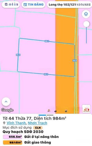 bán đất vĩnh thanh, nhơn trạch. dt 984m2, giá đầu tư siêu hời, sang tên nhanh, dễ dàng, lh ngay