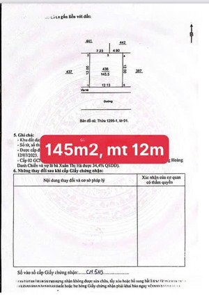 lô đất có siêu đỉnh, dt 145m2, mt 12m, vị trí ngay sau đường trịnh văn bô, gần đường vành đai 3.5