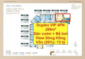 duplex vip 4pn 288m2 có sân vườn bể bơi riêng, view sông hồng. vốn 13 tỷ ký hđmb tòa noble crystal
