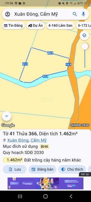 chính chủ bán đất mặt tiền đường mới dọc sông ray 1462 m2