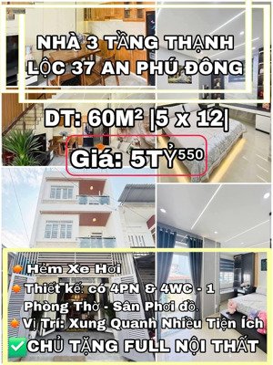 nhà 3 tầng mới đẹp lung linh thạnh lộc - hẻm xe hơi - ngang 5m hiếm - hơn 5 tỷ