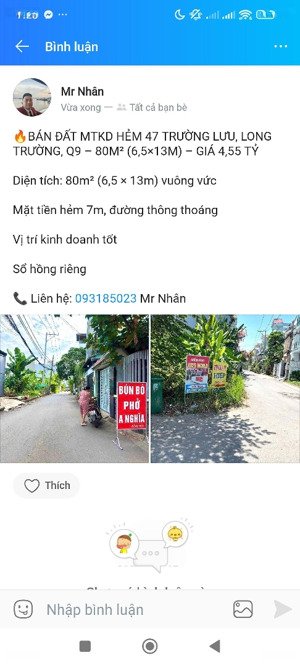 bán đất mtkd hẻm 47 trường lưu, long trường, q9 80m (6,513m) giá 4,5 tỷ