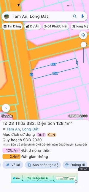 một lô đất tặng căn nhà nhỏ xã an ngãi cũ bây giờ xã long điền bà rịa vũng tàu: dt 128m2 5x25m