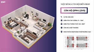 chuyển nhượng căn góc ngoại khu, 2pn + 2wc 72m2 - giá bán 2,55 tỷ(102%)