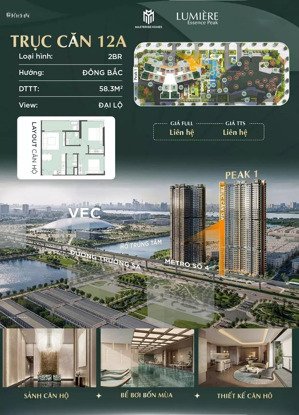 2n góc trục 12a rẻ nhất dự án, 7,4 tỷ tại lumiere essence peak cổ loa