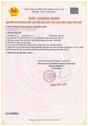 chính chủ gởi bán đất cách đường nguyễn du 30m. dĩ an. gần chợ, trường cấp 1,2,3. dt 150m2 đường 5m