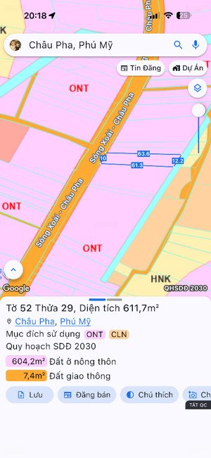 cần bán 10m ngang daì 62m mặt tiền đường sông xoài châu pha, sát bên đường số 1, gần kcn sonadezi