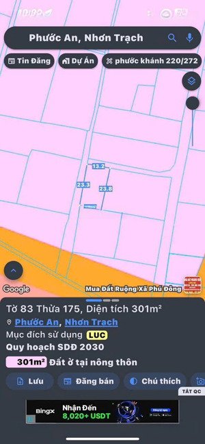 bán lô đất nhà vườn tại phước an, nhơn trạch, đn. dt 301m2, hàng hiếm, giao dịch ngay trong ngày