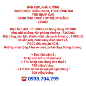 BÁN 11.000m2 KHO, NHÀ XƯỞNG TRONG KCN TRẢNG BOM, ĐỒNG NAI, ĐANG CHO THUÊ 750TR/THÁNG (X085)