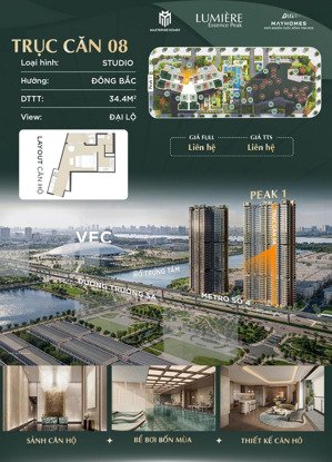studio cao cấp lumière essence peak cổ loa dt 34,4m², giá 4,47 tỷ