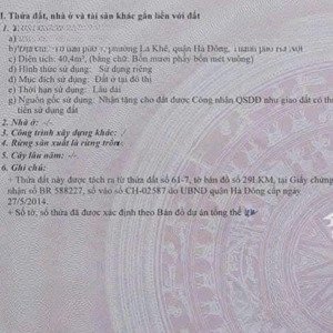 7 tỷ, dt 40.4m2, mt 3.6m, trước nhà 3m, gần ô tô, đối diện chợ văn la, hà đông