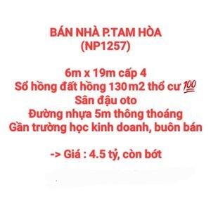BÁN NHÀ ĐẤT TAM HÒA, SỔ HỒNG THỔ CƯ, ĐƯỜNG 5m THÔNG, GẦN TRƯỜNG HỌC (NP1257)