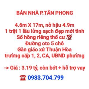 BÁN NHÀ TÂN PHONG, 1TRỆT 1LẦU LỬNG MỚI TINH, SỔ HỒNG THỔ CƯ, HẺM OTO GẦN GX THUẬN HÒA (NP1168)