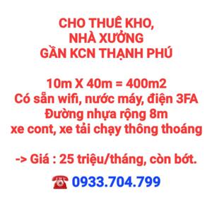 CHO THUÊ 400m2 KHO, NHÀ XƯỞNG GẦN KCN THẠNH PHÚ, ĐƯỜNG NHỰA 8m XE CONT CHẠY THÔNG THOÁNG