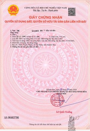 bán lô đất full thổ cư thôn thạch thành, ninh quang