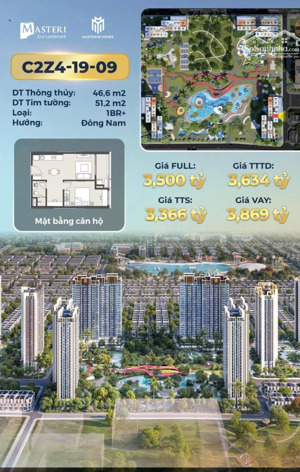 bán căn hộ 2n cc masteri era landmark, 3,36 tỷ 46,6 m2, giá ưu đãi, uy tín. lh e linh