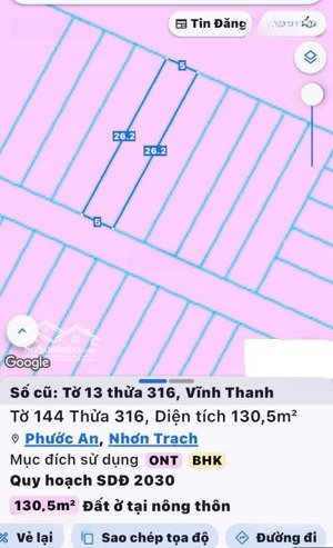 bán đất vĩnh thanh, nhơn trạch. dt 130,5m2, trong đó có 70m2 thổ cư, giao dịch luôn trong ngày, lh