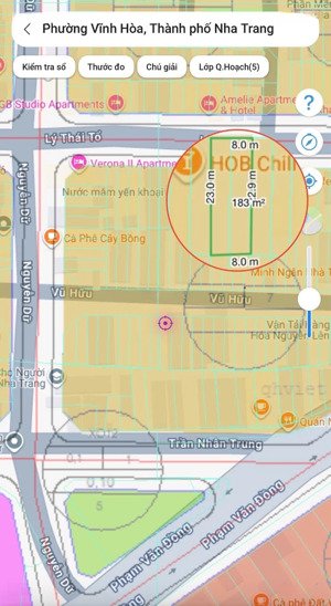 bán đất lý thái tổ, hòn xện, vĩnh hoà, dt 184m2, ngang 8m hướng bắc, đường 20m - giá 85 tr/m2