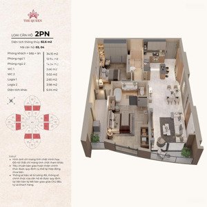 cực hiếm! bán căn 82m2 bc đông nam the queen giá nhỉnh 8,x tỷ chỉ vào 30% còn lại hỗ trợ vay ls 0%